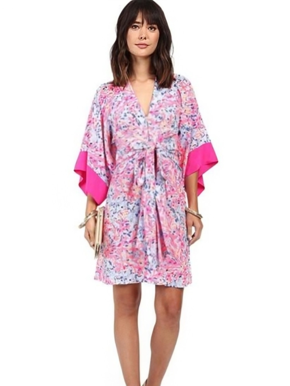 EUC LILLY PULITZER Pink Kimora Silk Kimono Dress Coco Coral Crab ~ Size Small